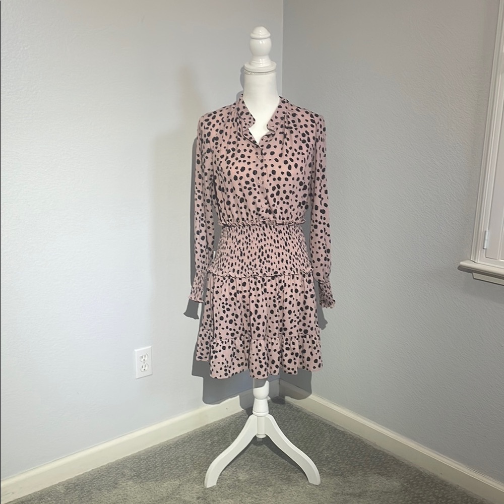 Pink and Brown Ruffled Tiered Long Sleeve Dress